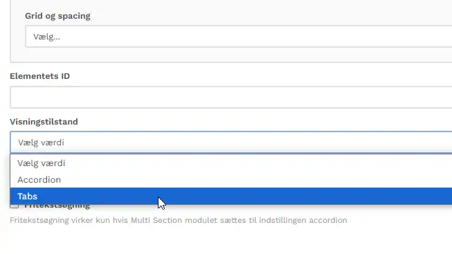 Du skifter visningen af et accordion og tabs-modul i indstillinger ved at vælge tabs under visningstilstand